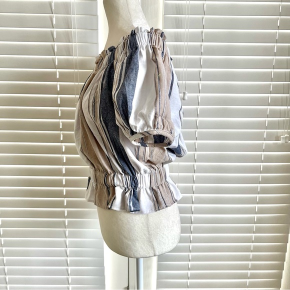 Everly Sz Medium Off The Shoulder Crop Top Blouse Blue and Tan, Puffy Sleeves - Picture 8 of 13